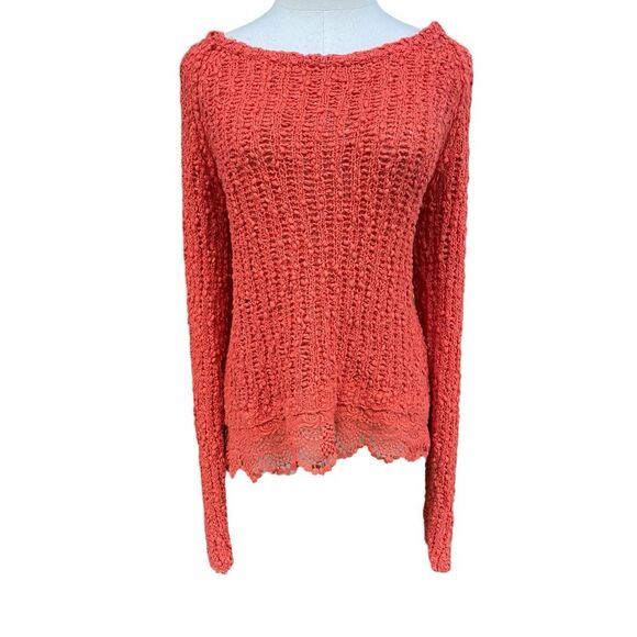 Anthropologie Knitted & Knotted Coral Open Knit Lace Hem Sweater Size Large - Picture 3 of 12